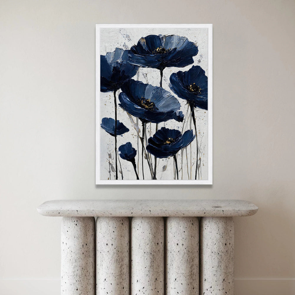 Elegant Navy Blue Flowers Canvas Wall Art, Floral Bloom Design, Modern Home Decoration, Large Botanical Print, Ready to Canvas Print Art