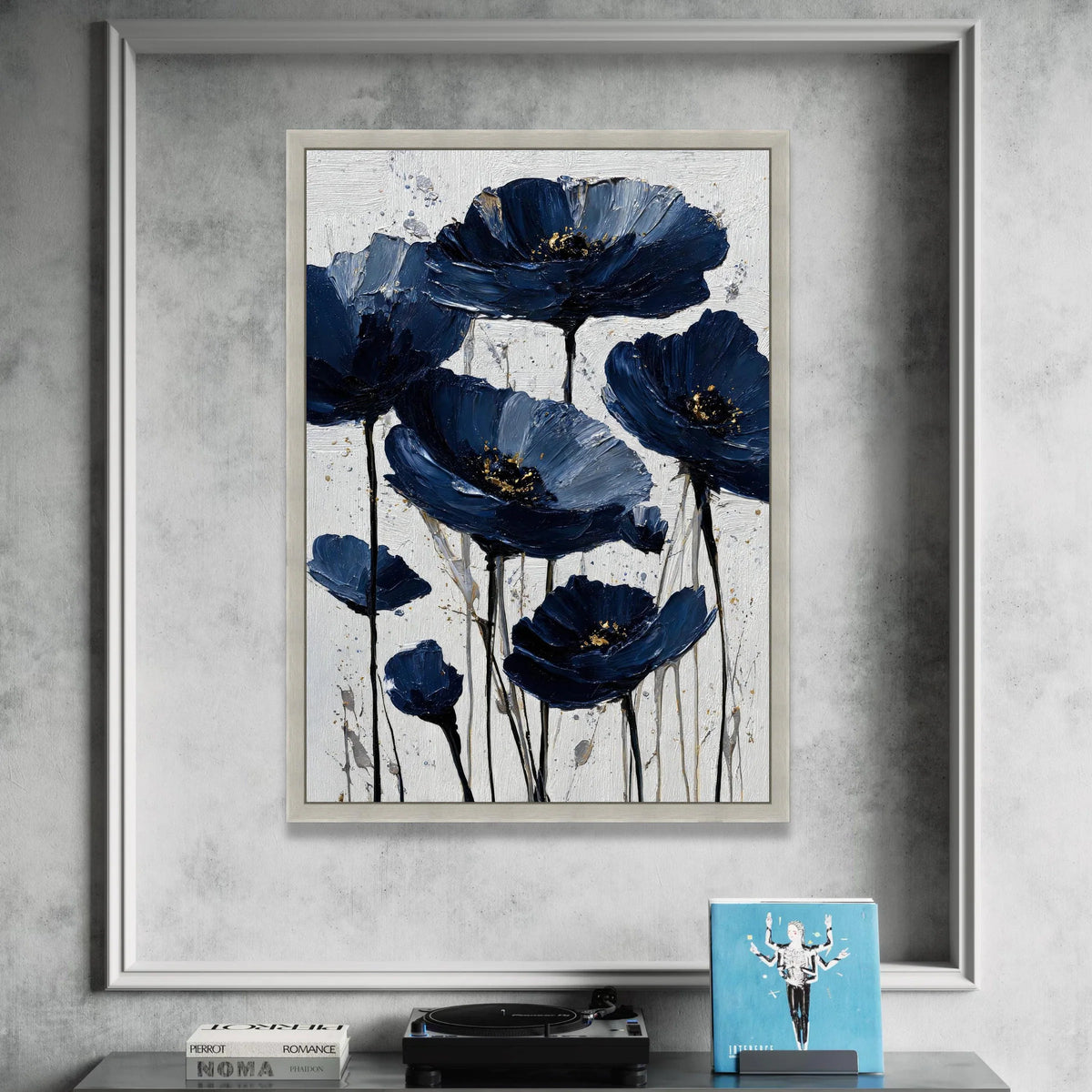 Elegant Navy Blue Flowers Canvas Wall Art, Floral Bloom Design, Modern Home Decoration, Large Botanical Print, Ready to Canvas Print Art