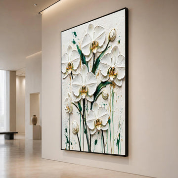 Elegant White Orchid Canvas Wall Art, Floral Botanical Print, Green Leaf Design, Modern Home Decoration, Ready to Hang Canvas Print Art