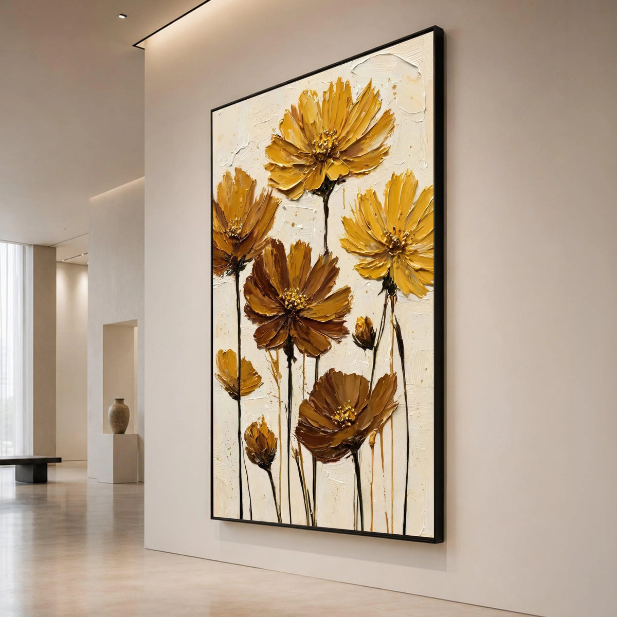 Golden Autumn Flowers Canvas, Yellow Brown Floral Wall Art, Modern Botanical Canvas, Nature Home Decor, Ready to Hang Canvas Print Art