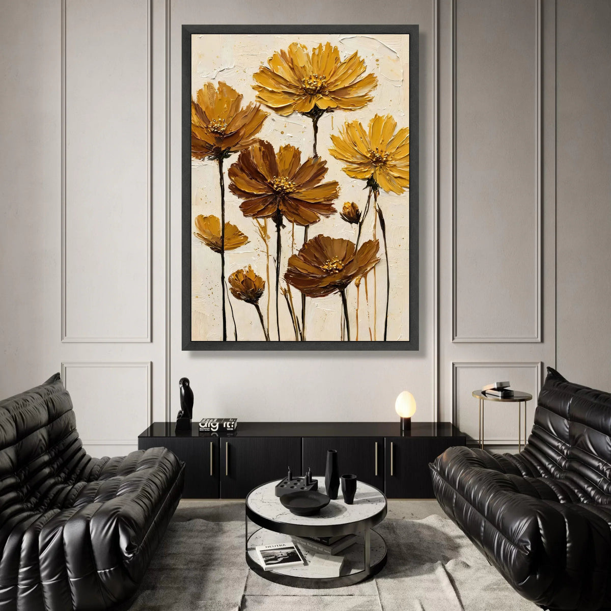 Golden Autumn Flowers Canvas, Yellow Brown Floral Wall Art, Modern Botanical Canvas, Nature Home Decor, Ready to Hang Canvas Print Art