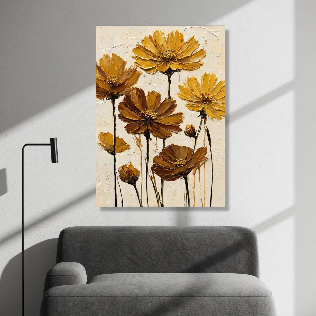 Golden Autumn Flowers Canvas, Yellow Brown Floral Wall Art, Modern Botanical Canvas, Nature Home Decor, Ready to Hang Canvas Print Art