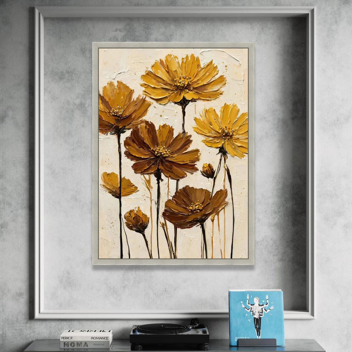 Golden Autumn Flowers Canvas, Yellow Brown Floral Wall Art, Modern Botanical Canvas, Nature Home Decor, Ready to Hang Canvas Print Art