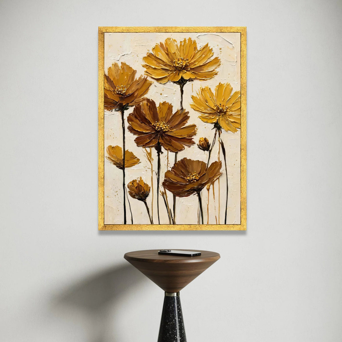 Golden Autumn Flowers Canvas, Yellow Brown Floral Wall Art, Modern Botanical Canvas, Nature Home Decor, Ready to Hang Canvas Print Art