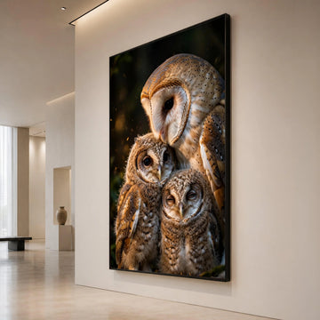 Tender Owl Family Close-Up Canvas, Bird Nature Wall Art, Wildlife Animal Canvas, Warm Forest Scene, Home Decoration Artwork Canvas Print Art