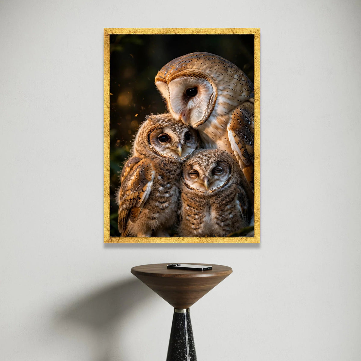 Tender Owl Family Close-Up Canvas, Bird Nature Wall Art, Wildlife Animal Canvas, Warm Forest Scene, Home Decoration Artwork Canvas Print Art