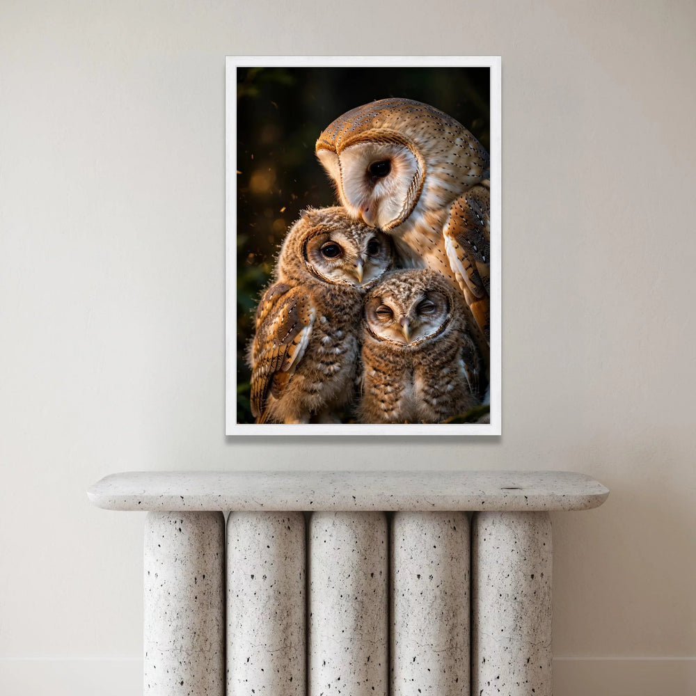 Tender Owl Family Close-Up Canvas, Bird Nature Wall Art, Wildlife Animal Canvas, Warm Forest Scene, Home Decoration Artwork Canvas Print Art