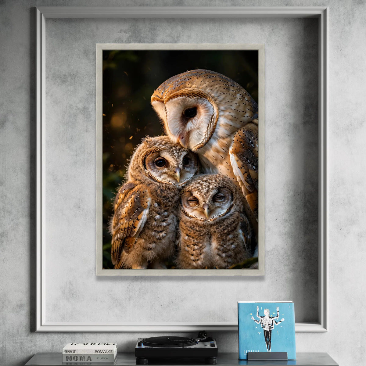 Tender Owl Family Close-Up Canvas, Bird Nature Wall Art, Wildlife Animal Canvas, Warm Forest Scene, Home Decoration Artwork Canvas Print Art
