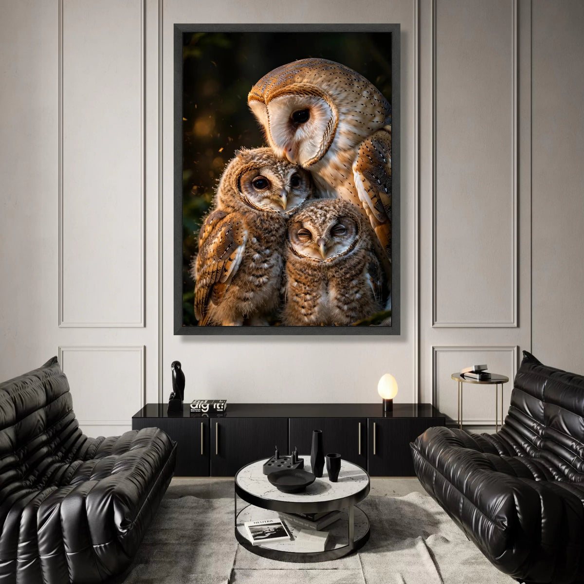 Tender Owl Family Close-Up Canvas, Bird Nature Wall Art, Wildlife Animal Canvas, Warm Forest Scene, Home Decoration Artwork Canvas Print Art