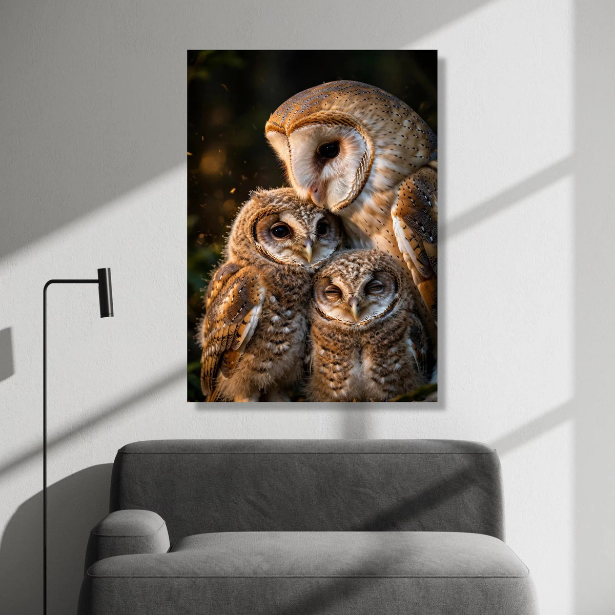 Tender Owl Family Close-Up Canvas, Bird Nature Wall Art, Wildlife Animal Canvas, Warm Forest Scene, Home Decoration Artwork Canvas Print Art