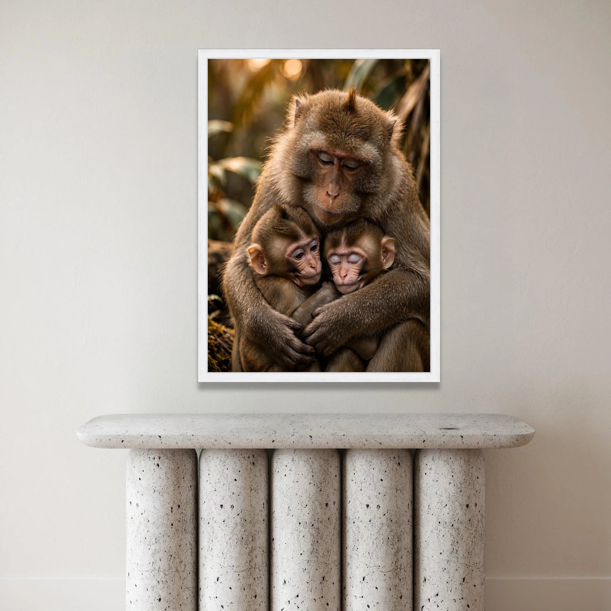 Tender Monkey Family Embrace Canvas, Wildlife Animal Wall Art, Nature Scene Decoration, Heartwarming Primate Artwork, Home Canvas Print Art