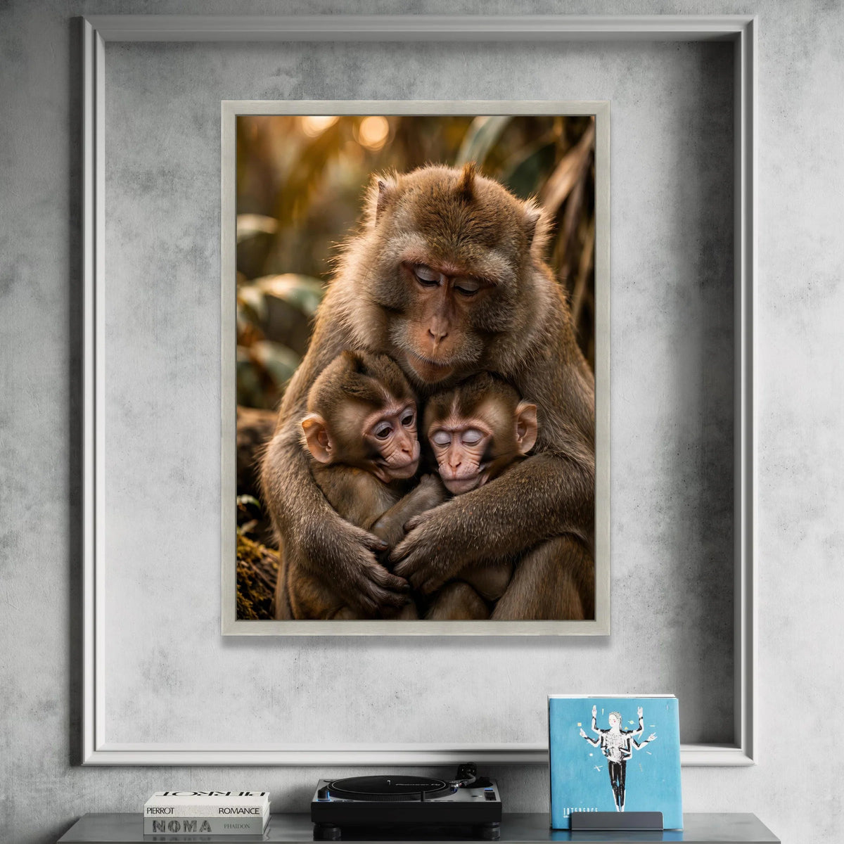Tender Monkey Family Embrace Canvas, Wildlife Animal Wall Art, Nature Scene Decoration, Heartwarming Primate Artwork, Home Canvas Print Art