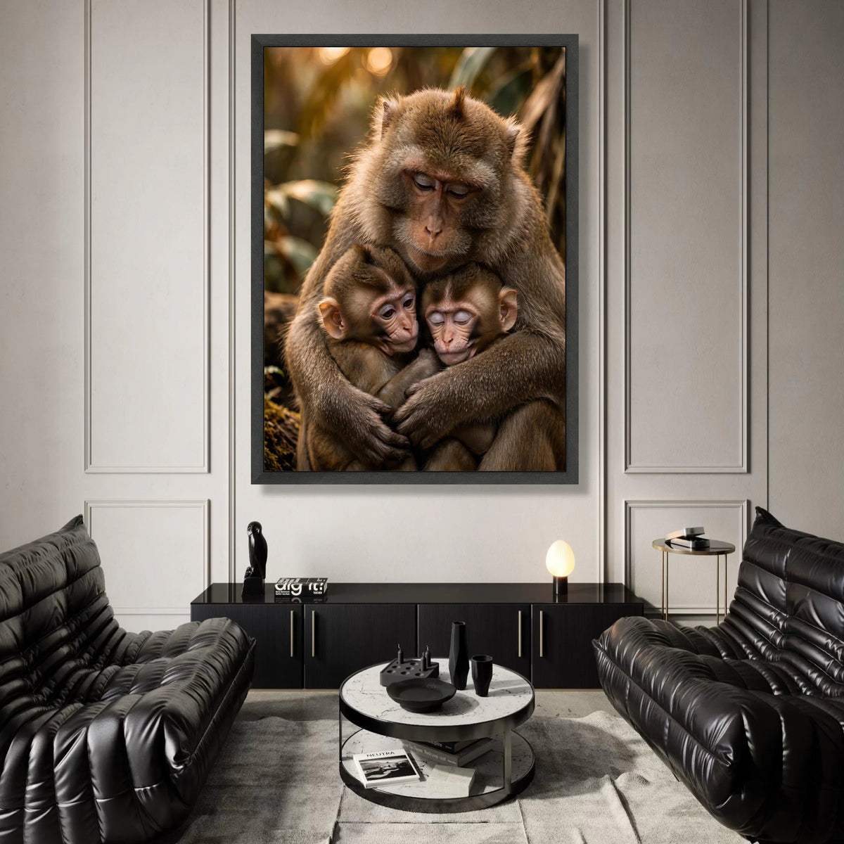 Tender Monkey Family Embrace Canvas, Wildlife Animal Wall Art, Nature Scene Decoration, Heartwarming Primate Artwork, Home Canvas Print Art