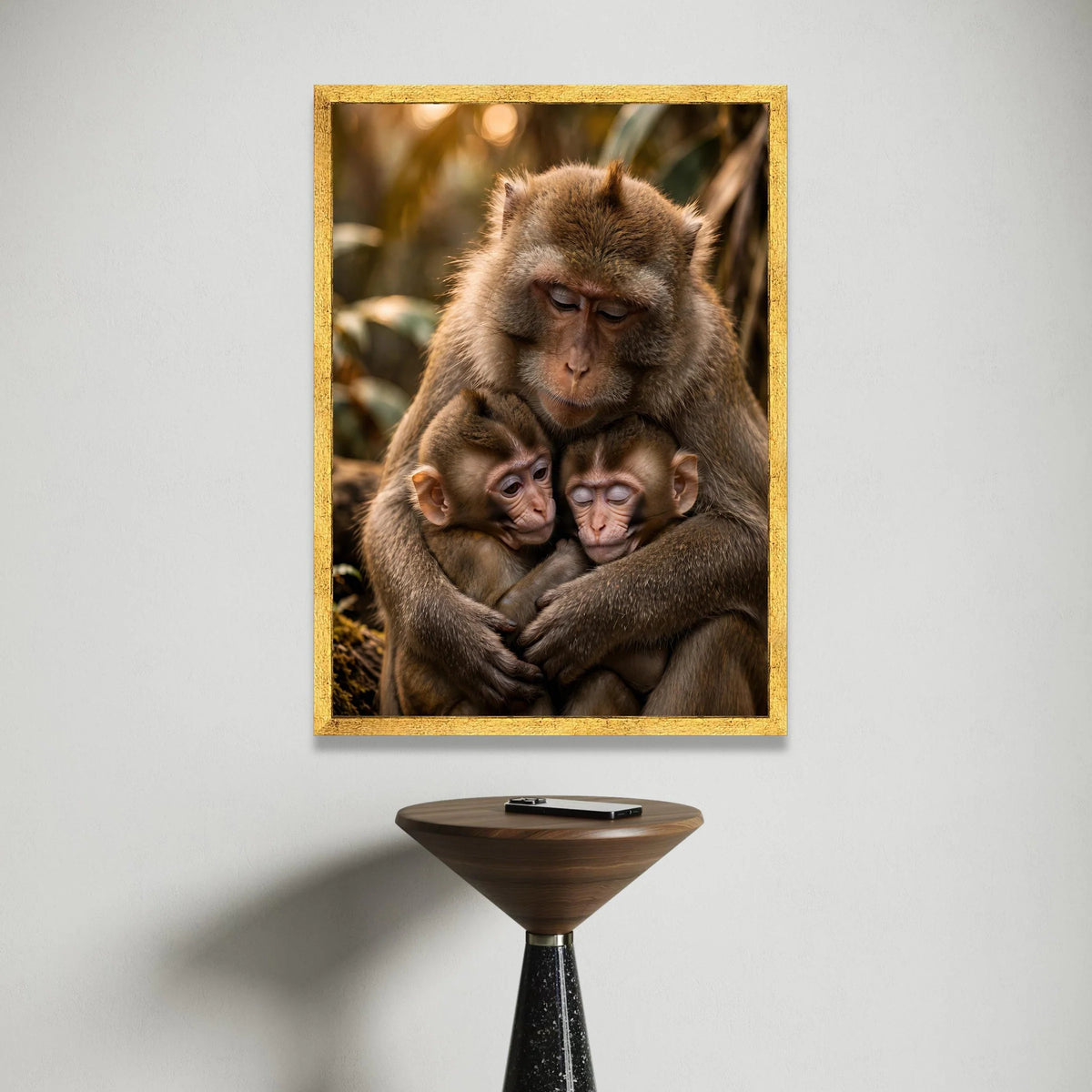 Tender Monkey Family Embrace Canvas, Wildlife Animal Wall Art, Nature Scene Decoration, Heartwarming Primate Artwork, Home Canvas Print Art