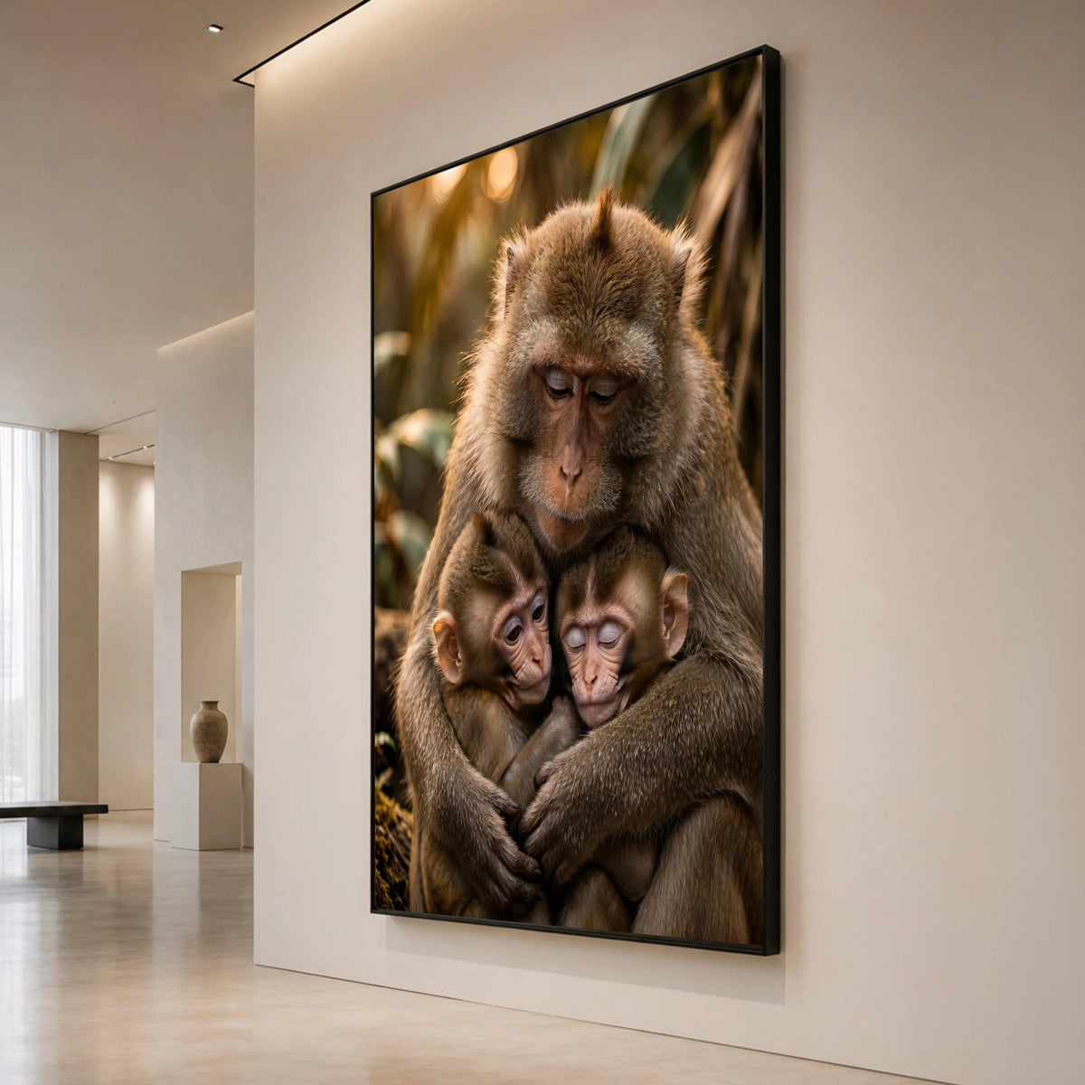 Tender Monkey Family Embrace Canvas, Wildlife Animal Wall Art, Nature Scene Decoration, Heartwarming Primate Artwork, Home Canvas Print Art