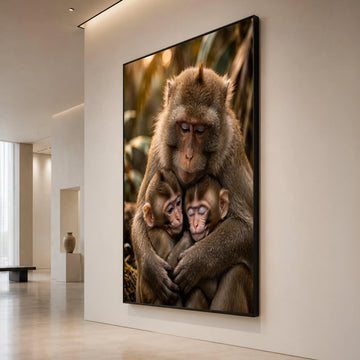 Tender Monkey Family Embrace Canvas, Wildlife Animal Wall Art, Nature Scene Decoration, Heartwarming Primate Artwork, Home Canvas Print Art