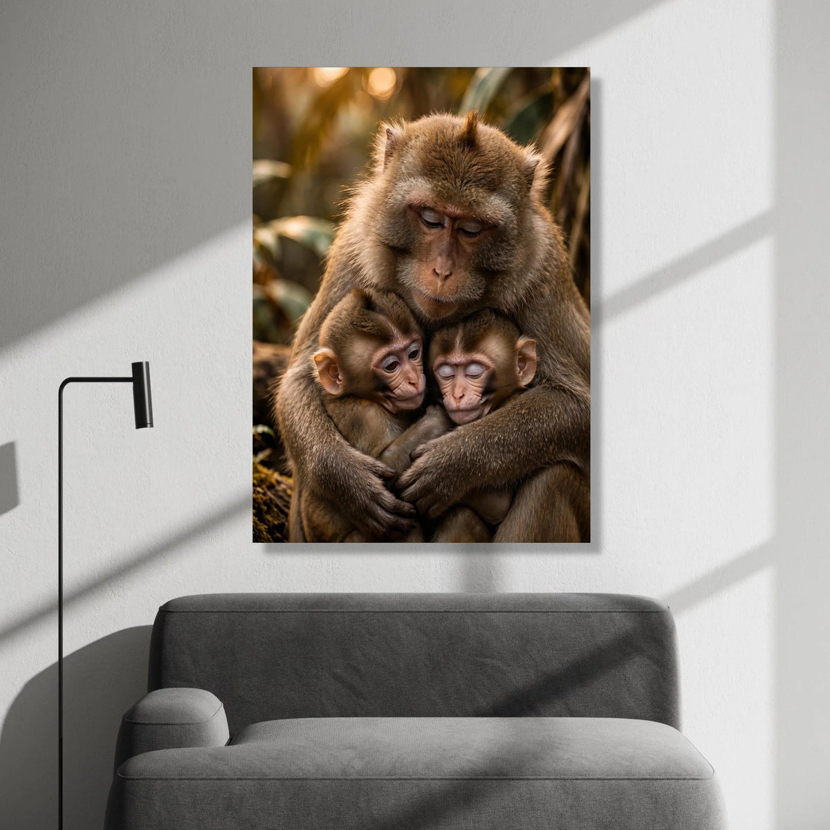 Tender Monkey Family Embrace Canvas, Wildlife Animal Wall Art, Nature Scene Decoration, Heartwarming Primate Artwork, Home Canvas Print Art