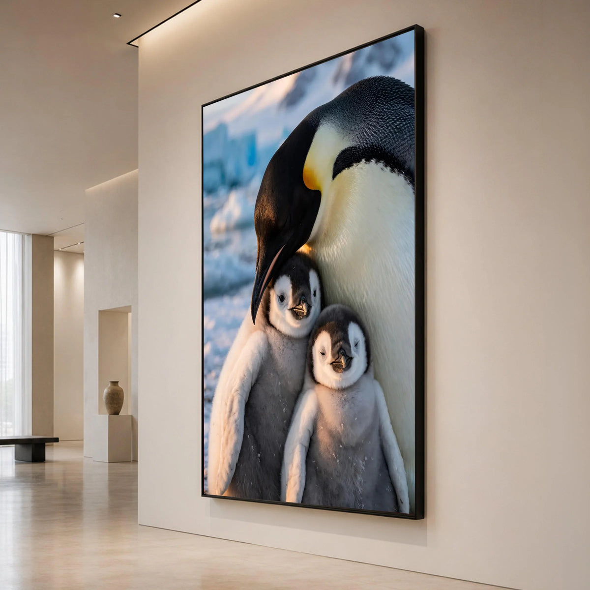 Emperor Penguin Family Hug, Arctic Wildlife Canvas, Cute Baby Penguin Wall Art, Nature Animal Canvas, Cozy Winter Scene Canvas Print Art