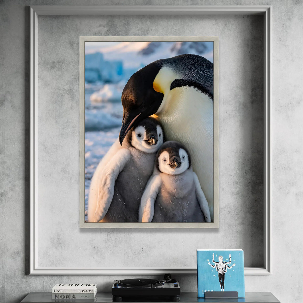 Emperor Penguin Family Hug, Arctic Wildlife Canvas, Cute Baby Penguin Wall Art, Nature Animal Canvas, Cozy Winter Scene Canvas Print Art