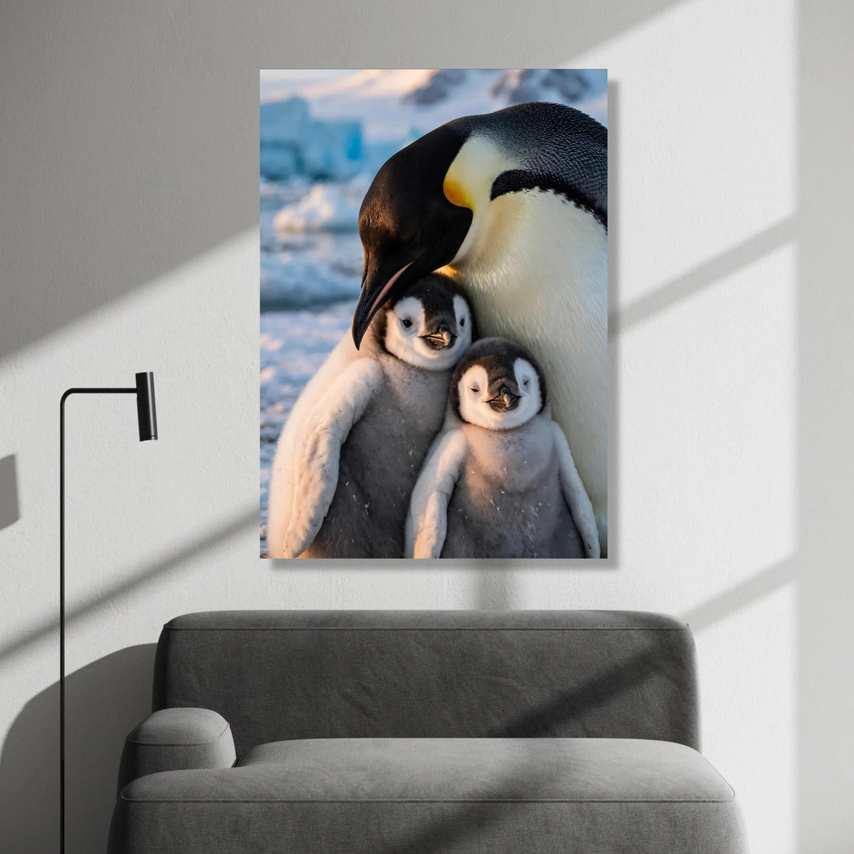 Emperor Penguin Family Hug, Arctic Wildlife Canvas, Cute Baby Penguin Wall Art, Nature Animal Canvas, Cozy Winter Scene Canvas Print Art