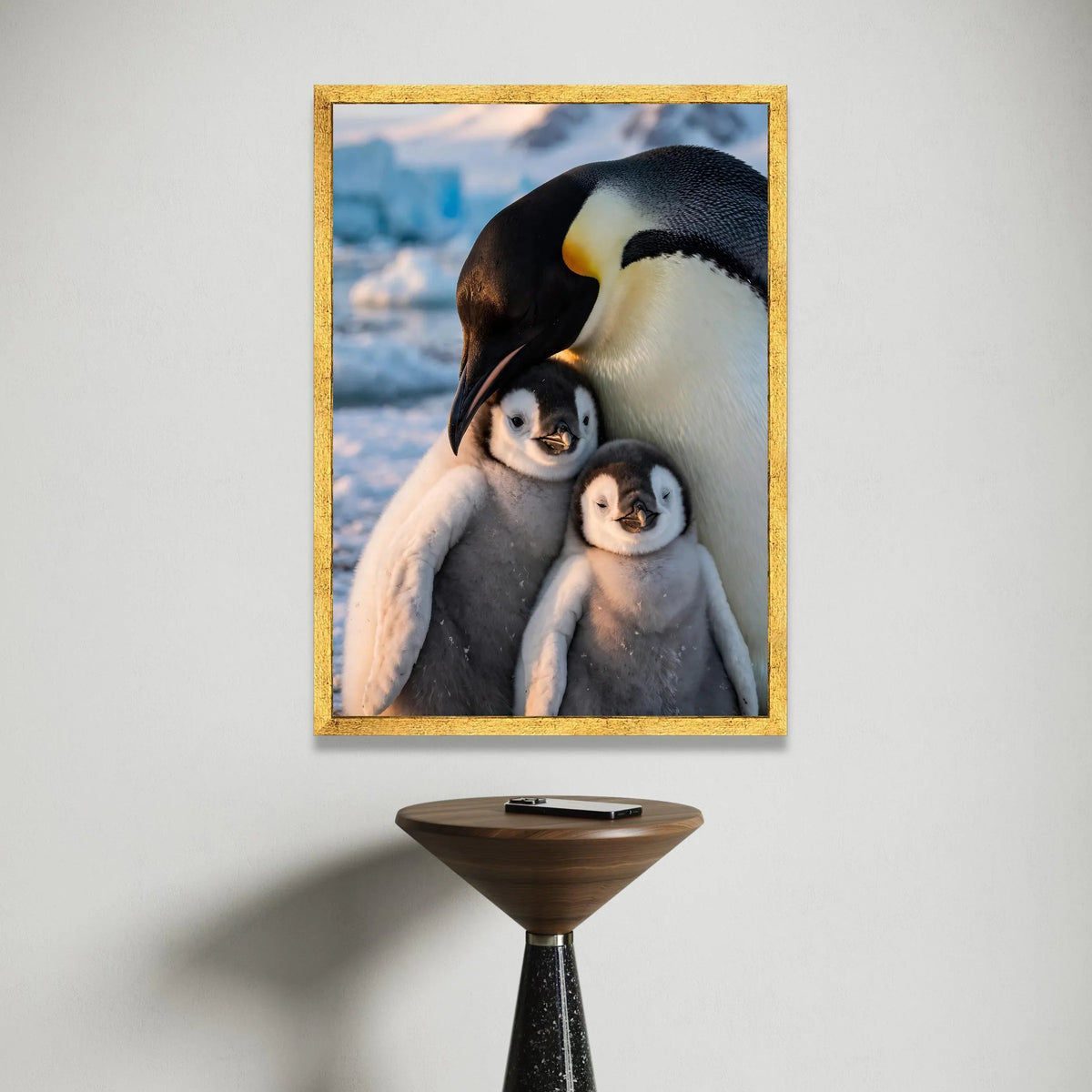 Emperor Penguin Family Hug, Arctic Wildlife Canvas, Cute Baby Penguin Wall Art, Nature Animal Canvas, Cozy Winter Scene Canvas Print Art