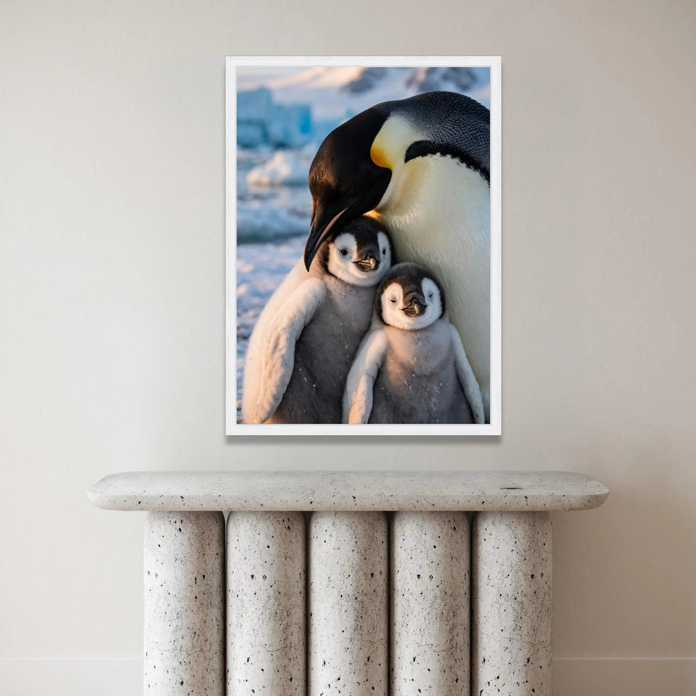 Emperor Penguin Family Hug, Arctic Wildlife Canvas, Cute Baby Penguin Wall Art, Nature Animal Canvas, Cozy Winter Scene Canvas Print Art