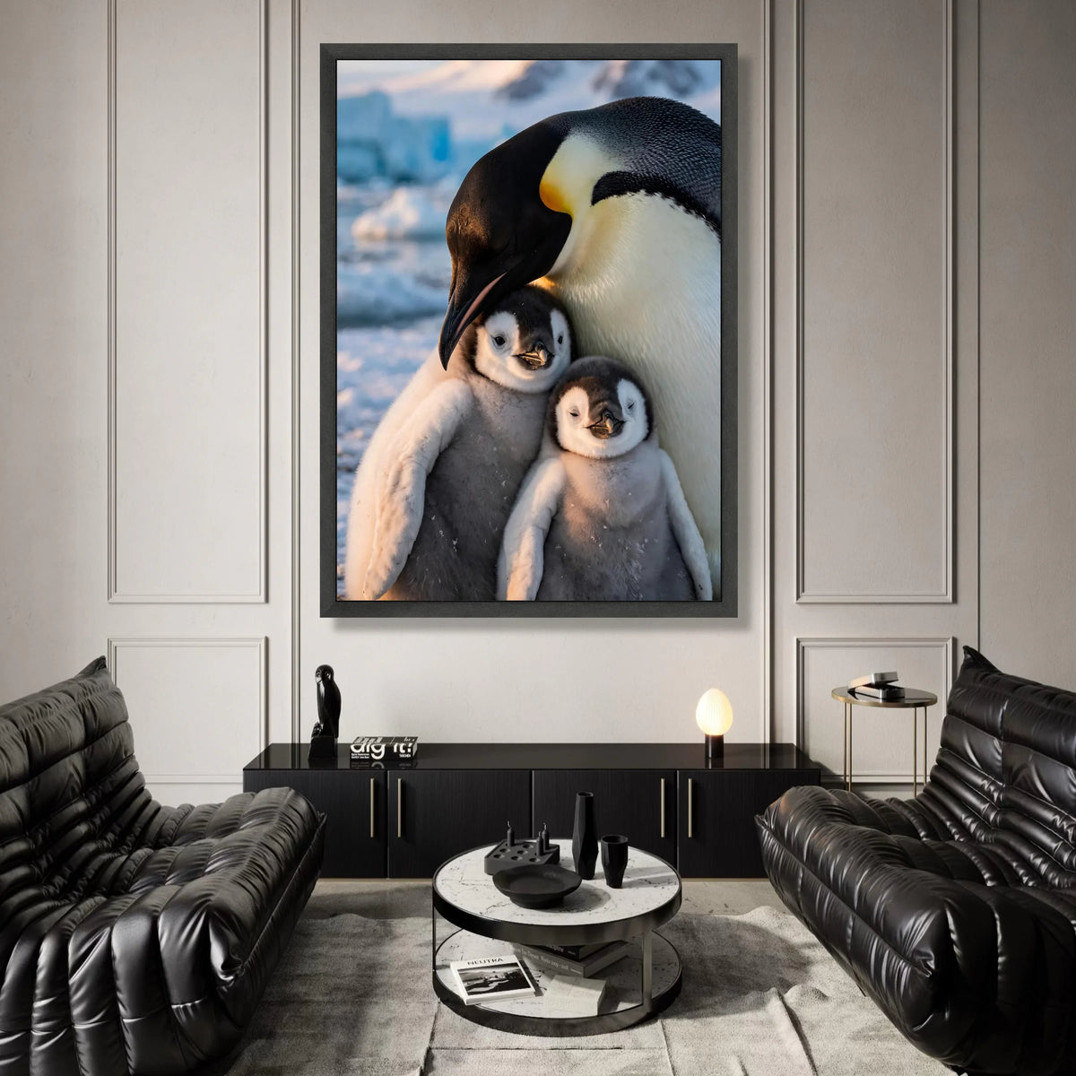Emperor Penguin Family Hug, Arctic Wildlife Canvas, Cute Baby Penguin Wall Art, Nature Animal Canvas, Cozy Winter Scene Canvas Print Art