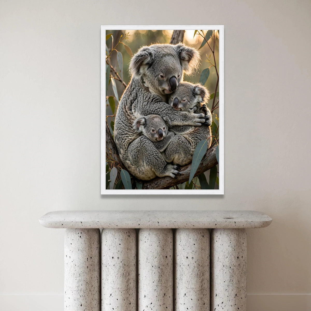 Cozy Koala Family Embrace Canvas, Australian Wildlife Wall Art, Nature Animal Decor, Forest Tree Branch Home Decoration Canvas Print Art
