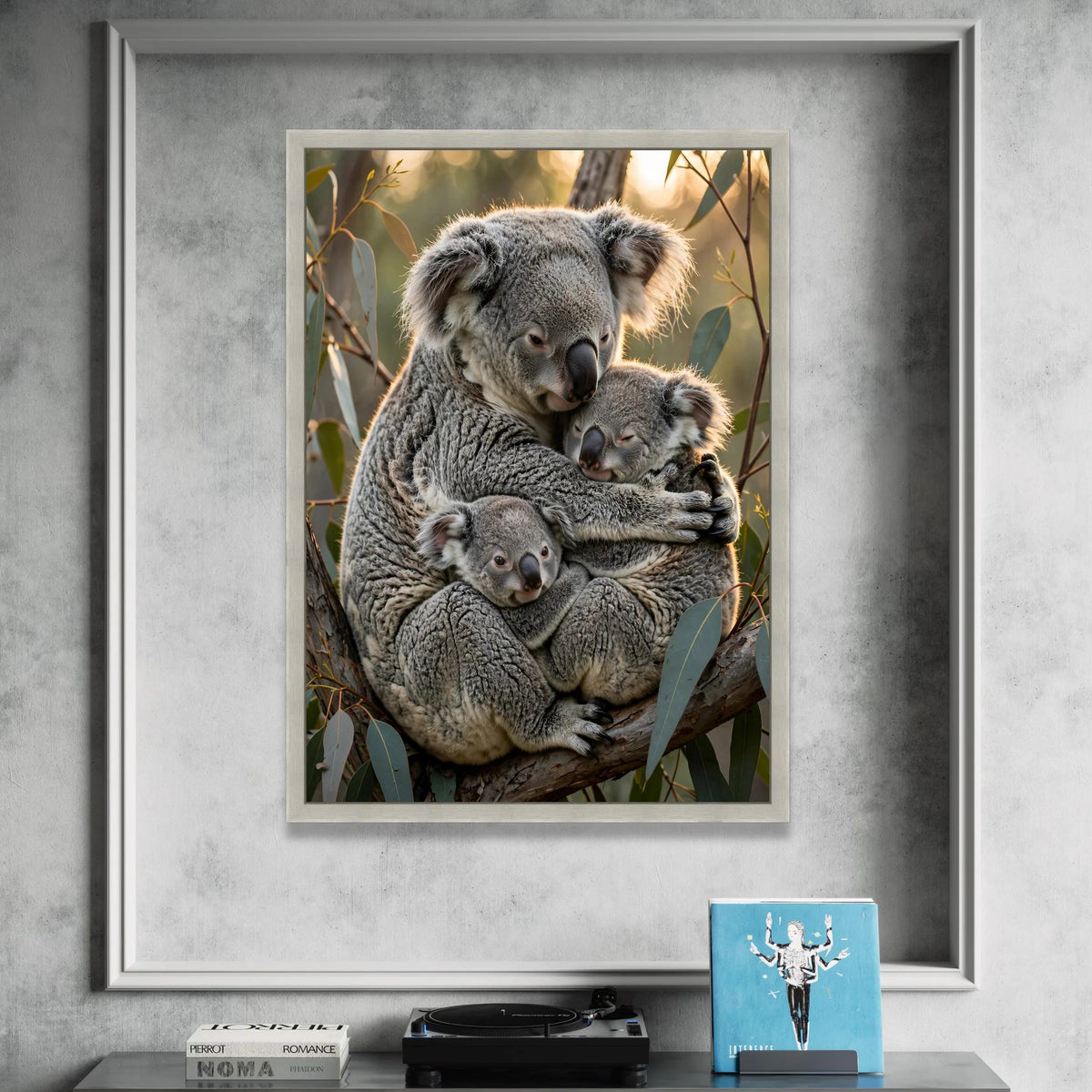 Cozy Koala Family Embrace Canvas, Australian Wildlife Wall Art, Nature Animal Decor, Forest Tree Branch Home Decoration Canvas Print Art