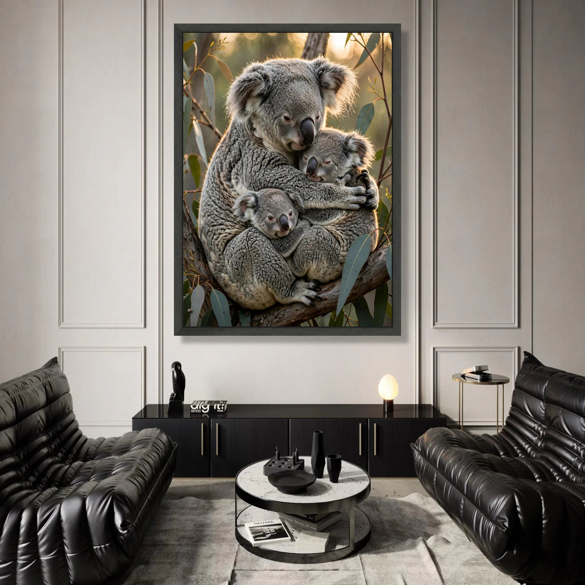 Cozy Koala Family Embrace Canvas, Australian Wildlife Wall Art, Nature Animal Decor, Forest Tree Branch Home Decoration Canvas Print Art