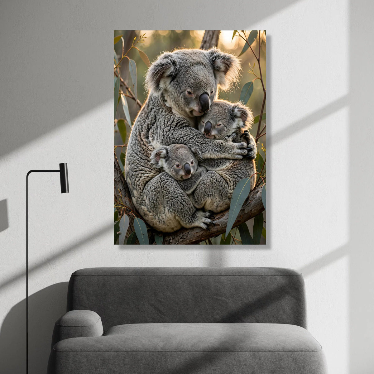 Cozy Koala Family Embrace Canvas, Australian Wildlife Wall Art, Nature Animal Decor, Forest Tree Branch Home Decoration Canvas Print Art
