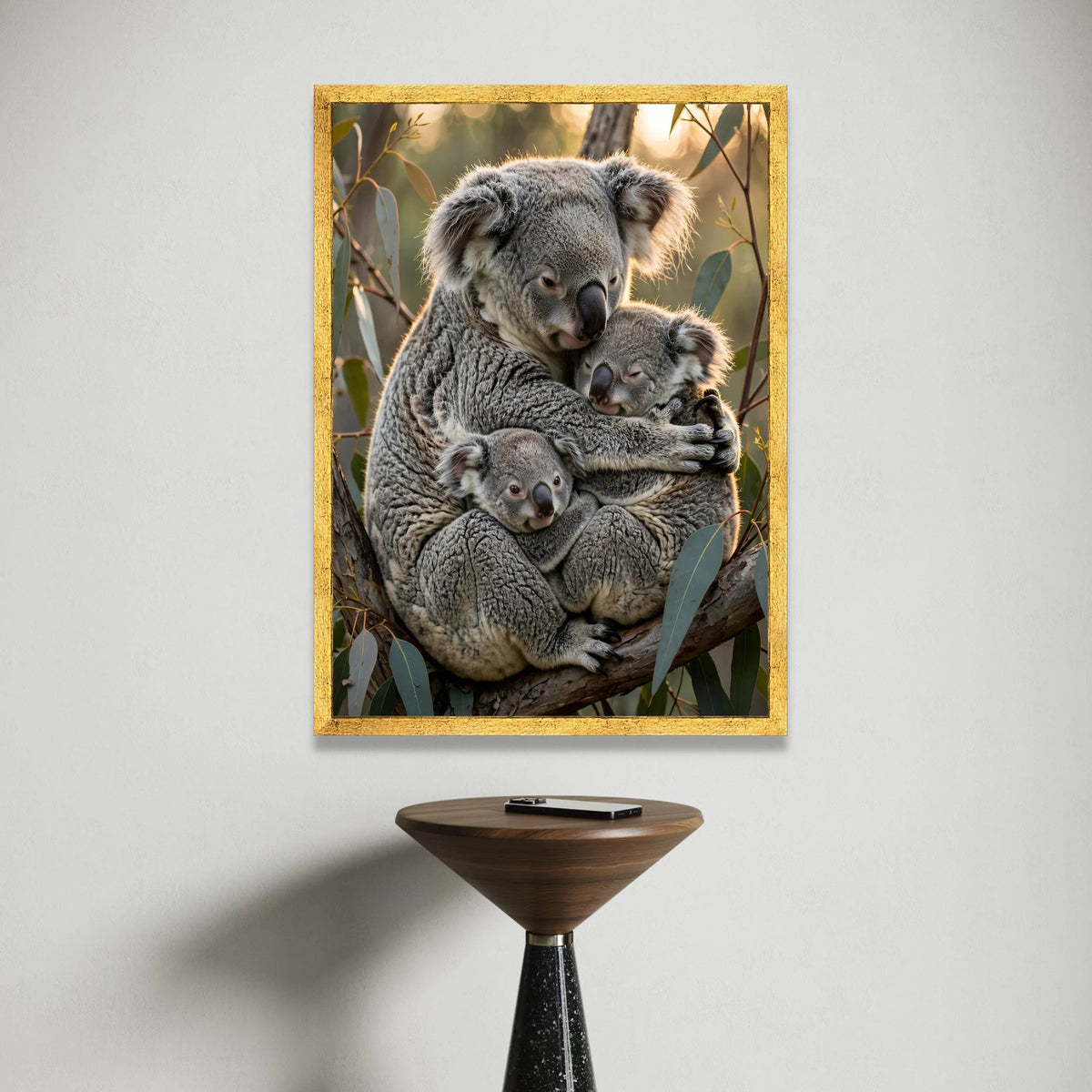 Cozy Koala Family Embrace Canvas, Australian Wildlife Wall Art, Nature Animal Decor, Forest Tree Branch Home Decoration Canvas Print Art