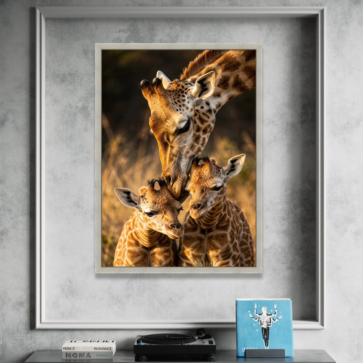 Tender Giraffe Family Moment, Safari Wildlife Canvas, Animal Mother and Babies Wall Art, Nature Wildlife Canvas Print, Home Canvas Print Art