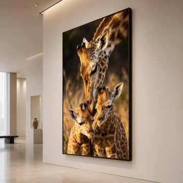 Tender Giraffe Family Moment, Safari Wildlife Canvas, Animal Mother and Babies Wall Art, Nature Wildlife Canvas Print, Home Canvas Print Art