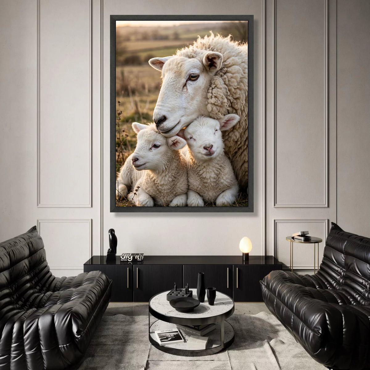 Peaceful Sheep Family Canvas Wall Art, Lamb and Ewe Closeup, Farm Animal Portrait, Cozy Nature Scene, Rustic Country Wall Canvas Print Art