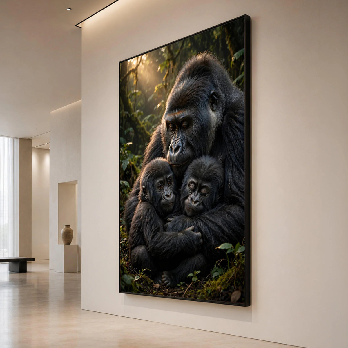 Gentle Gorilla Family Embrace Canvas, Wildlife Wall Art, Jungle Animal Portrait, Nature Conservation Canvas, Emotional Canvas Print Art