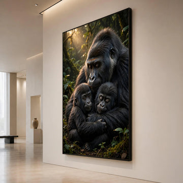 Gentle Gorilla Family Embrace Canvas, Wildlife Wall Art, Jungle Animal Portrait, Nature Conservation Canvas, Emotional Canvas Print Art
