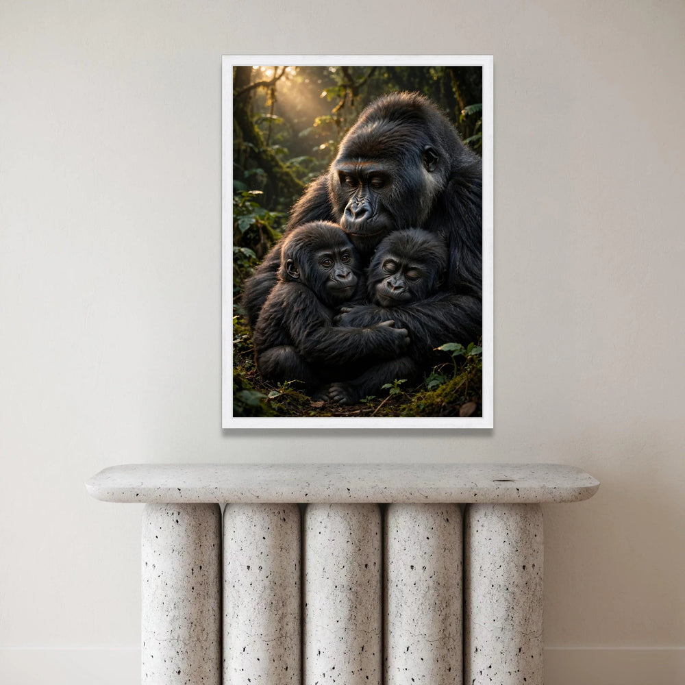 Gentle Gorilla Family Embrace Canvas, Wildlife Wall Art, Jungle Animal Portrait, Nature Conservation Canvas, Emotional Canvas Print Art