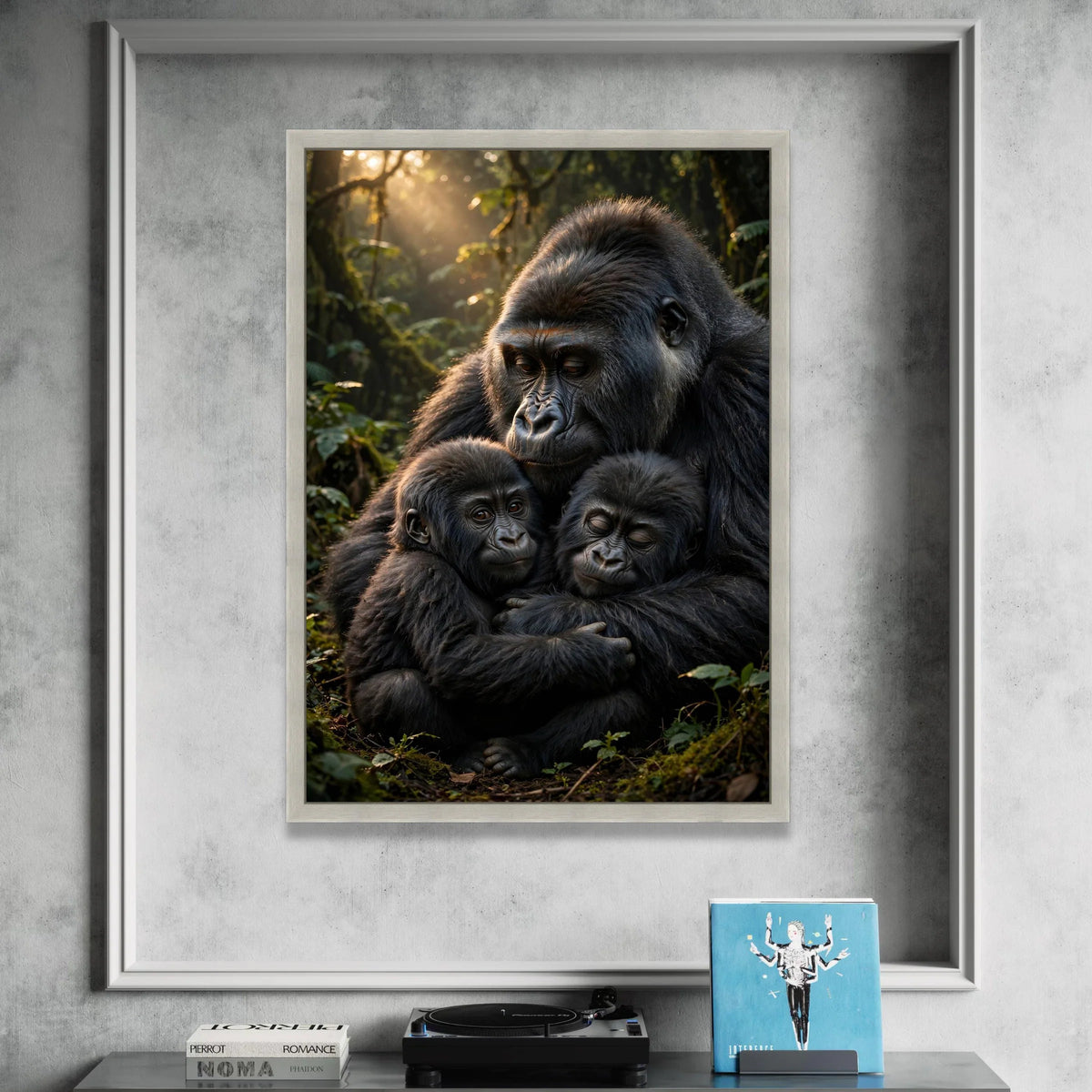Gentle Gorilla Family Embrace Canvas, Wildlife Wall Art, Jungle Animal Portrait, Nature Conservation Canvas, Emotional Canvas Print Art
