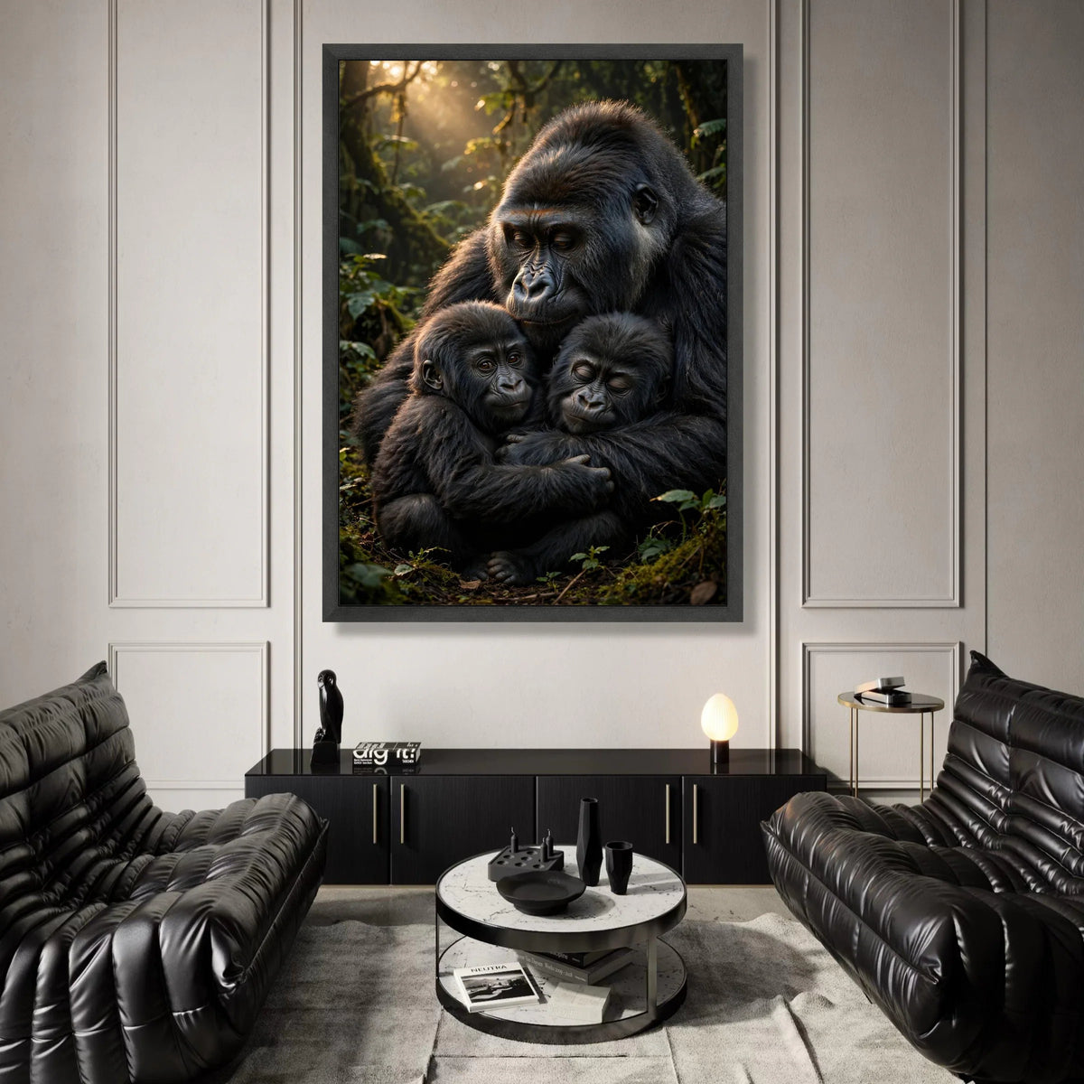 Gentle Gorilla Family Embrace Canvas, Wildlife Wall Art, Jungle Animal Portrait, Nature Conservation Canvas, Emotional Canvas Print Art