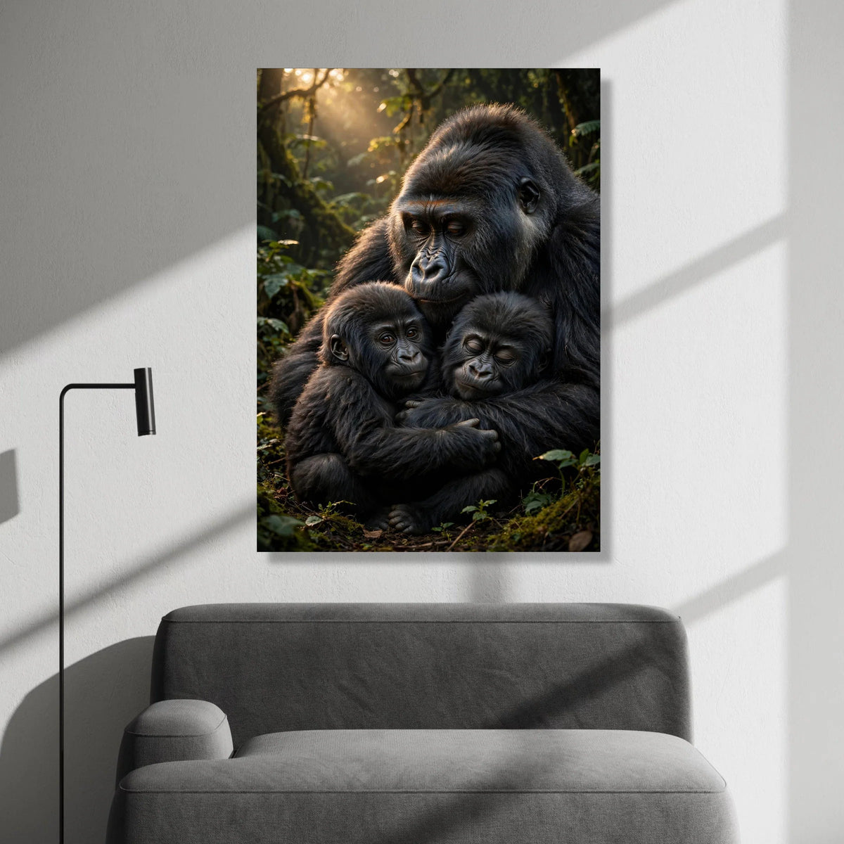 Gentle Gorilla Family Embrace Canvas, Wildlife Wall Art, Jungle Animal Portrait, Nature Conservation Canvas, Emotional Canvas Print Art