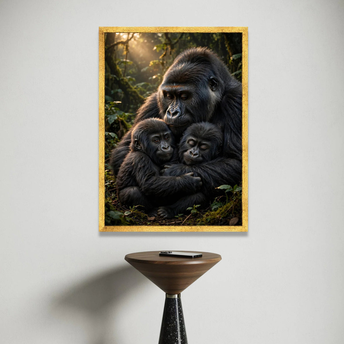 Gentle Gorilla Family Embrace Canvas, Wildlife Wall Art, Jungle Animal Portrait, Nature Conservation Canvas, Emotional Canvas Print Art