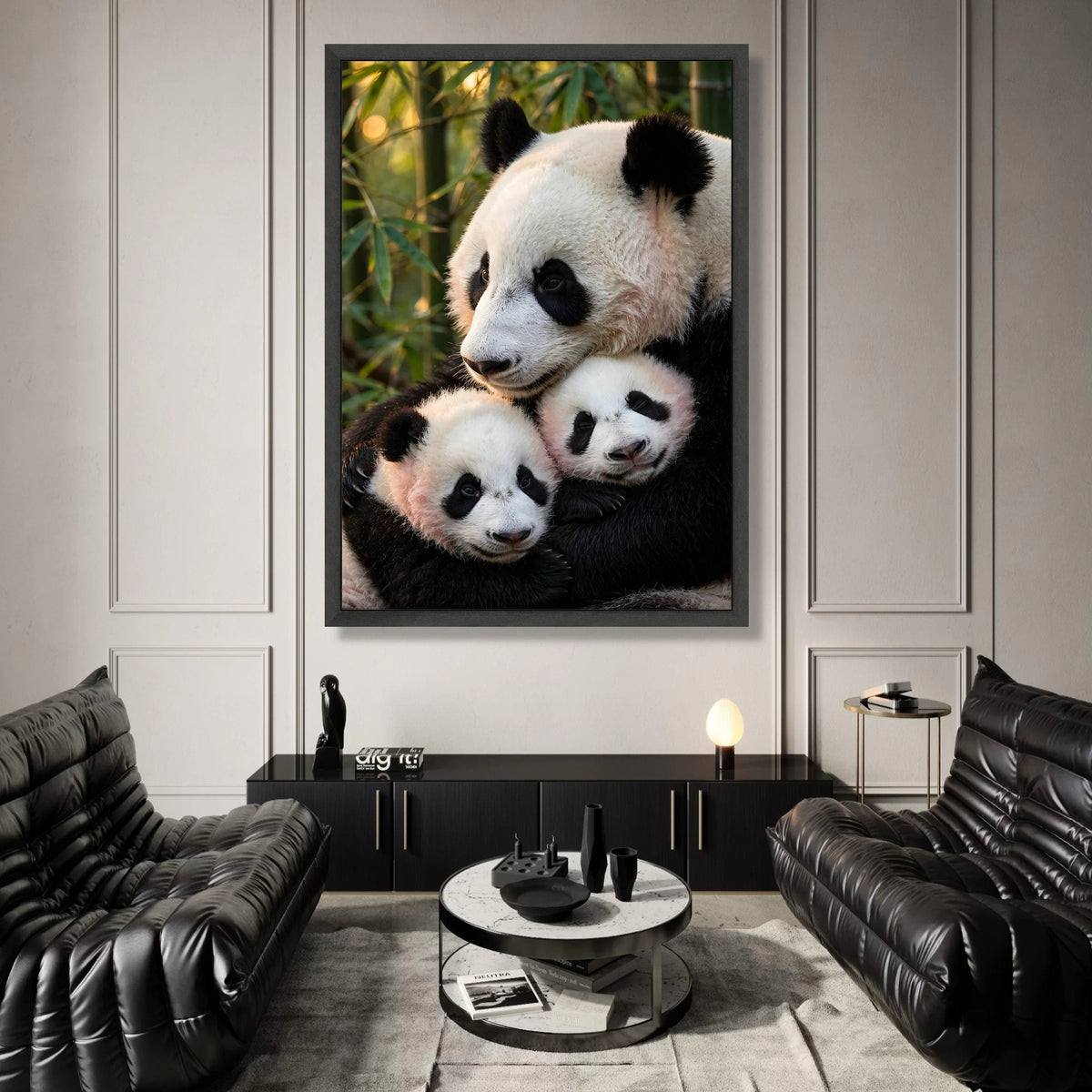 Caring Panda Family, Bamboo Forest Canvas, Animal Wildlife Wall Art, Nature Animal Portrait Canvas, Cozy Home Decoration Canvas Print Art