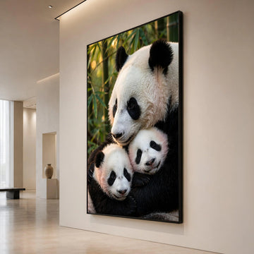Caring Panda Family, Bamboo Forest Canvas, Animal Wildlife Wall Art, Nature Animal Portrait Canvas, Cozy Home Decoration Canvas Print Art