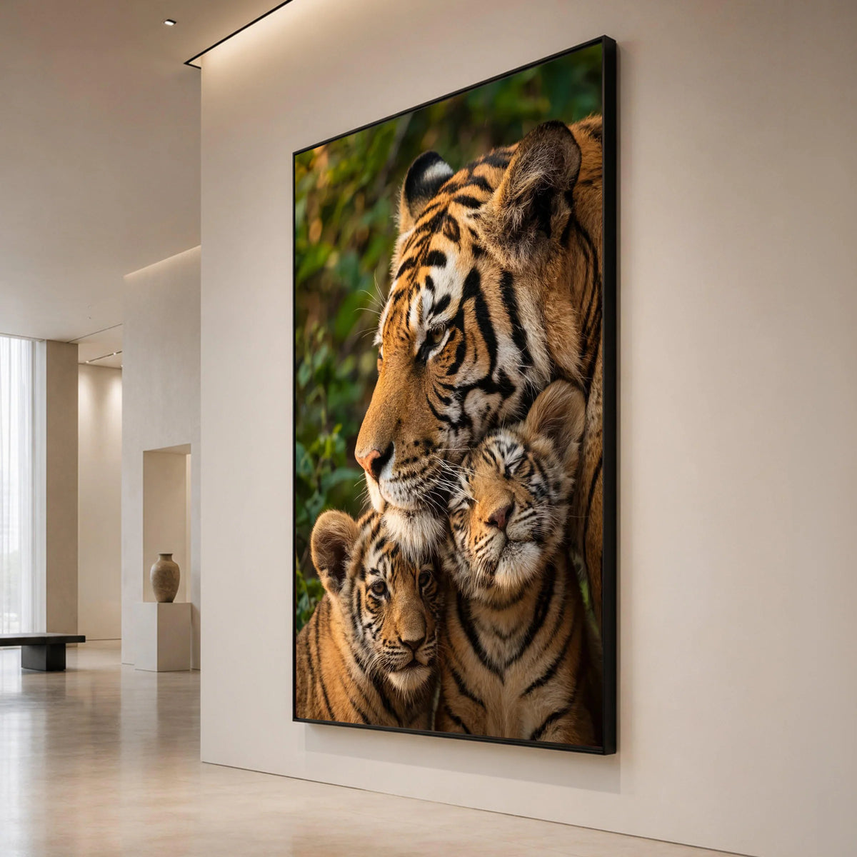 Tiger Family Portrait Canvas Wall Art, Majestic Wildlife Decor, Jungle Animal Print, Close-Up Tiger Cubs Illustration, Canvas Print Art