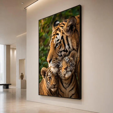 Tiger Family Portrait Canvas Wall Art, Majestic Wildlife Decor, Jungle Animal Print, Close-Up Tiger Cubs Illustration, Canvas Print Art
