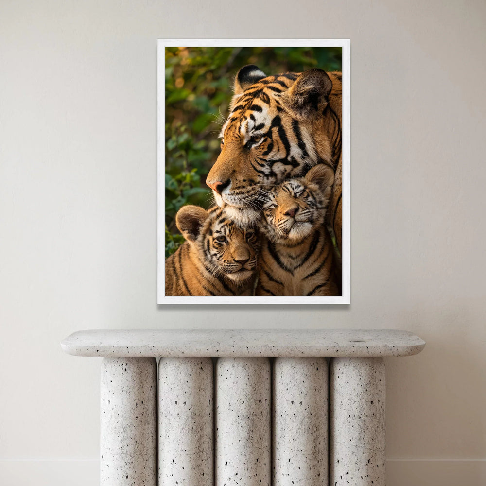 Tiger Family Portrait Canvas Wall Art, Majestic Wildlife Decor, Jungle Animal Print, Close-Up Tiger Cubs Illustration, Canvas Print Art
