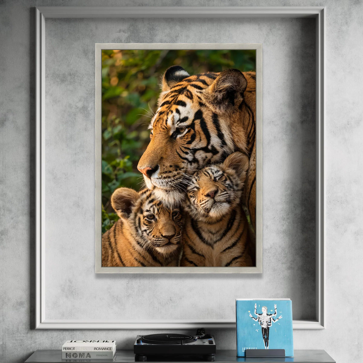 Tiger Family Portrait Canvas Wall Art, Majestic Wildlife Decor, Jungle Animal Print, Close-Up Tiger Cubs Illustration, Canvas Print Art