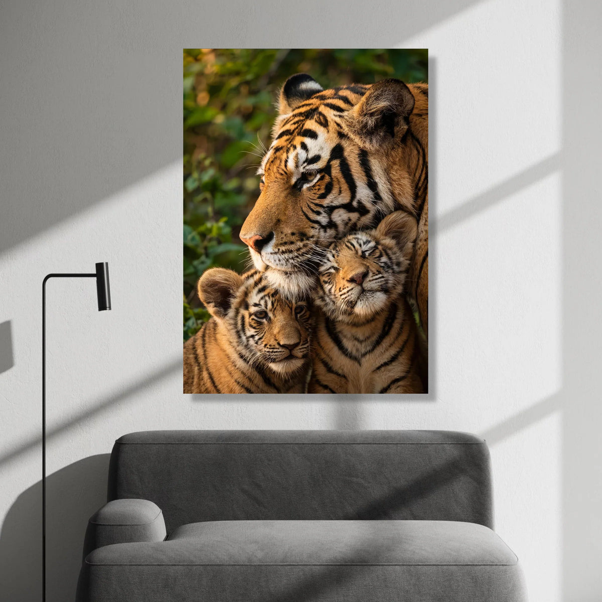 Tiger Family Portrait Canvas Wall Art, Majestic Wildlife Decor, Jungle Animal Print, Close-Up Tiger Cubs Illustration, Canvas Print Art