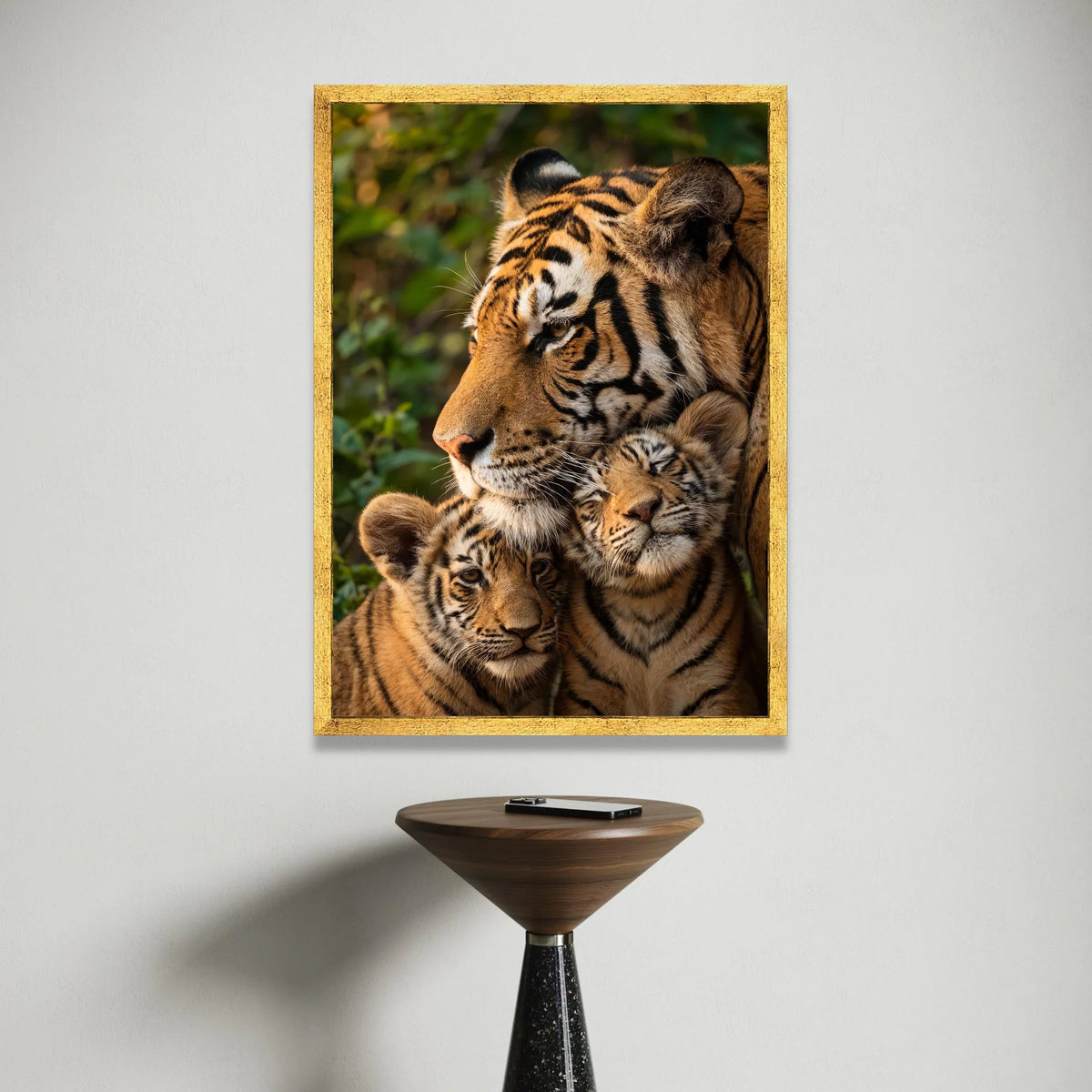 Tiger Family Portrait Canvas Wall Art, Majestic Wildlife Decor, Jungle Animal Print, Close-Up Tiger Cubs Illustration, Canvas Print Art